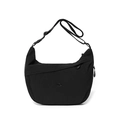 Detail view of black crescent crossbody bag with metal logo and adjustable strap - Black