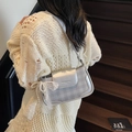 Silver-grey underarm bag with vintage plaid pattern and lace pearl bow detail - Silver