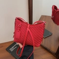 Chic red woven shoulder bag in premium vegan leather with thin strap and square tag - Red