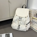 Minimalist creamy white nylon canvas backpack with drawstring closure and flip cover - White