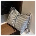 Silver woven tote bag for women with metallic finish and adjustable shoulder strap - Silver