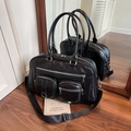 Black vintage large canvas tote bag with dual front pockets and adjustable shoulder strap - Black