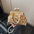 Sac à main crocheté jaune avec ours 3D, fleurs et bandoulière en perles - Beige