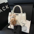 Creamy white glossy handbag with silver twist lock, mini envelope pouch and bear charm - White with Pendant