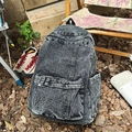 Sac à dos en denim gris foncé délavé vintage avec poche frontale zippée en plein air - Noir