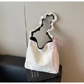Detail of cream pleated tote bag with FASHION & BAGS print and pink drawstring - Simple Pleated Style (CX-1810) / Off White