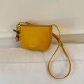 Ginger yellow leather crossbody tote bag with silver logo and decorative cherry charm - Yellow with Pendant