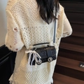 Retro black cylinder crossbody bag with white dots, pearl strap, and lace bow detail - With Pendant / Black