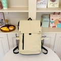 Minimalist cream white backpack with flap closure and black mesh side pockets - Beige