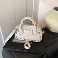 Cream white mini Boston bag with silver studs and adjustable shoulder strap - White