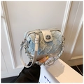 Detail of light blue denim crossbody bag with silver chain and textured pleats - Silver (With Pendant)