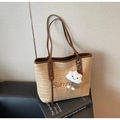 Close-up of woven straw tote bag featuring Summer embroidery and white cloud charm - Khaki Tone (With Cloud Pendant) / Khaki With Pendant