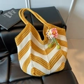 Handmade woven tote bag with yellow and white wavy stripes and floral charms - Yellow with Pendant