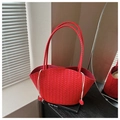 Detail of red woven tote bag with checkered texture and ivory drawstring accents - Red