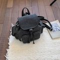 Vintage dark gray denim backpack with black leather trim and white contrast stitching - Black