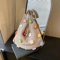 Borsa tote in maglia beige con fiori colorati all'uncinetto e grande capacità - Cachi