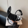 Black crescent hobo bag with vertical texture and silver star balloon dog pendant - Black with Pendant
