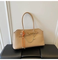 Beige faux leather tote bag featuring gold chains, heart pendant and orange accent knots - Khaki with Pendant