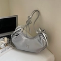 Silver metallic pleated hobo shoulder bag with bow detail in a modern Y2K style - Silver