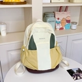 Sac à dos décontracté en nylon patchwork crème, jaune et vert avec poches latérales à cordon - Blanc Cassé Grand