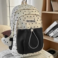 Sac à dos d'école bicolore à motif d'étoiles noires avec porte-clés panda mignon - Noir (Avec Pendentif)