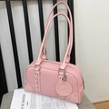 Pink lychee texture underarm bag with braided ties and silver rivets for women - Pink