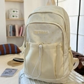 Cream canvas school backpack with star prints and drawstring front pocket for students - Beige (No Charm)