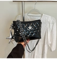 Quilted black bucket bag with sparkling star details and metallic chain strap - Black with Pendant
