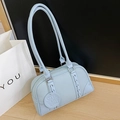Light blue pebbled leather Boston bag with woven lace detail and long dual handles - Blue