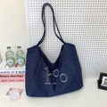 Hobo style deep blue denim tote bag with white h°o art embroidery and large capacity - Denim Blue