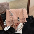 Quilted light pink marble pattern small square bag with silver metal ball chain strap - Pink