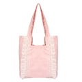 Pink minimalist tote bag featuring white lace trim and ruffled edges for women - Pink