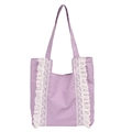 Purple tote bag with white lace embroidery and pleated edges for daily commute - Purple
