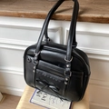 Detail of JK style black PU leather bag with heart rivets and bow decoration - Black