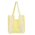 Minimalist yellow canvas tote bag with white lace trim and pleated side details - Yellow
