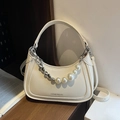 Creamy white half-moon hobo bag with elegant pearl and silver chain decorations - Off White