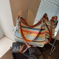 Colorful striped woven beach bag with brown faux leather strap and star charm accessory - Multicolor Large With Pendant