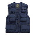 Macro detail of multi-pocket outdoor vest featuring functional zippers and D-ring - M / Navy Blue