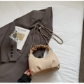 Beige canvas and brown leather pleated handbag with metal chain strap and top handle - No Pendant / Khaki