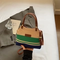 Three-color striped woven knit bucket bag with brown leather straps and gold hardware - Green and Blue