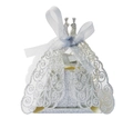 Elegant laser-cut silver glitter wedding candy box with blue ribbon in evening dress shape - Glitter Silver