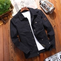 Men's black cotton cargo jacket with vintage embroidery and classic flip collar design - Black Blue