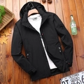 Men's black hooded outdoor sports jacket with retro sleeve badge on wooden background - 3XL / Black
