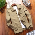 Men's khaki cotton utility jacket with vintage embroidery and classic button-up collar - Khaki