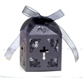 Detail of laser-cut black favor box with cross floral pattern and chiffon ribbon - Black Khaki