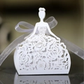 Laser cut bridal dress favor box in white with rose patterns and ribbon - White