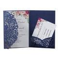 Navy blue laser-cut rose wedding invitation set with floral inner card and RSVP card - Magic Blue