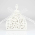 Elegant white laser-cut rose hollow favor box in bride dress shape with organza ribbon - Ivory