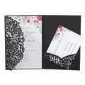 Invitación de boda negra cortada con láser con diseño floral y tarjeta de RSVP - Negro