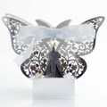 Silver laser-cut butterfly wedding favor box with floral patterns and satin ribbon bow - Reflective Silver